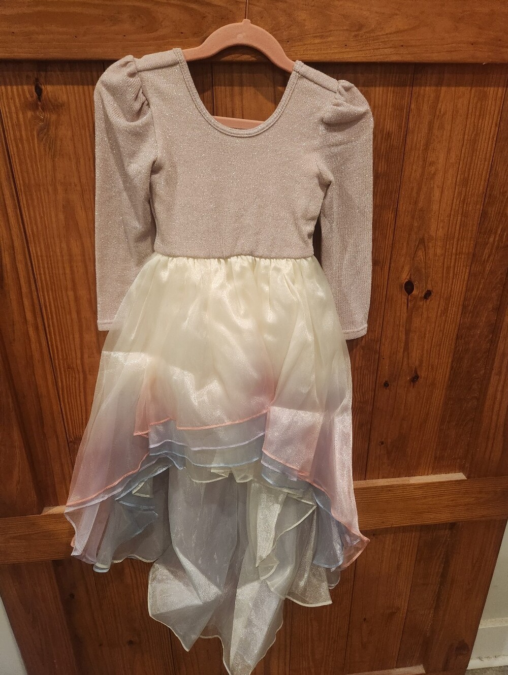 Girls' Shimmery Long-Sleeve Ivory & Pastel Layered Party Dress